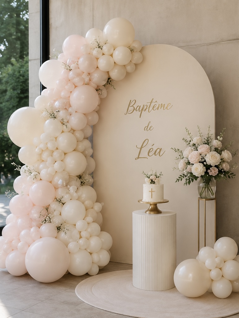 Décor de baptême personnalisé avec arche de ballons et prénom de l'enfant